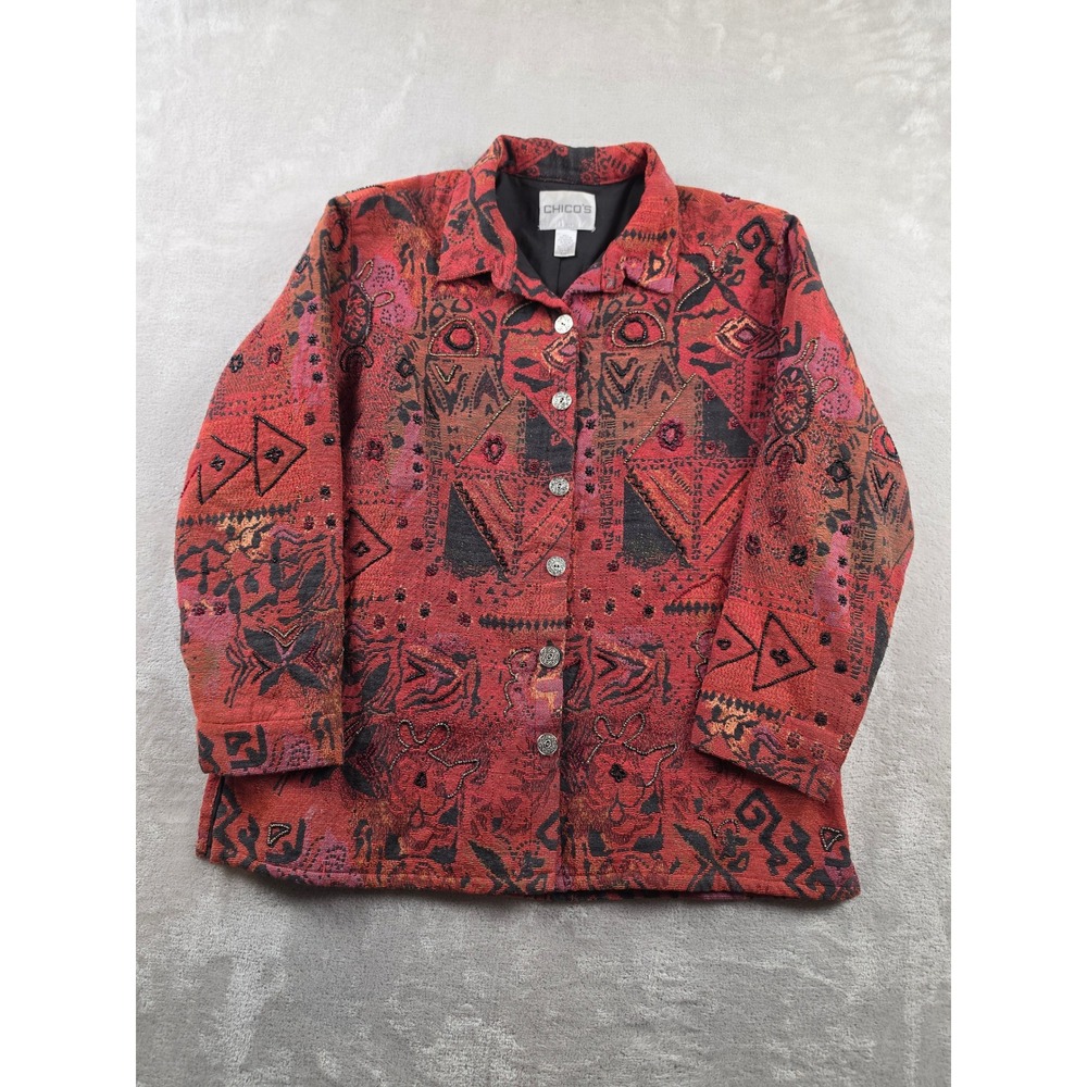 Chico's Tapestry Jacket Women Size 3 XL Red GBeaded Button Up Lined Boho